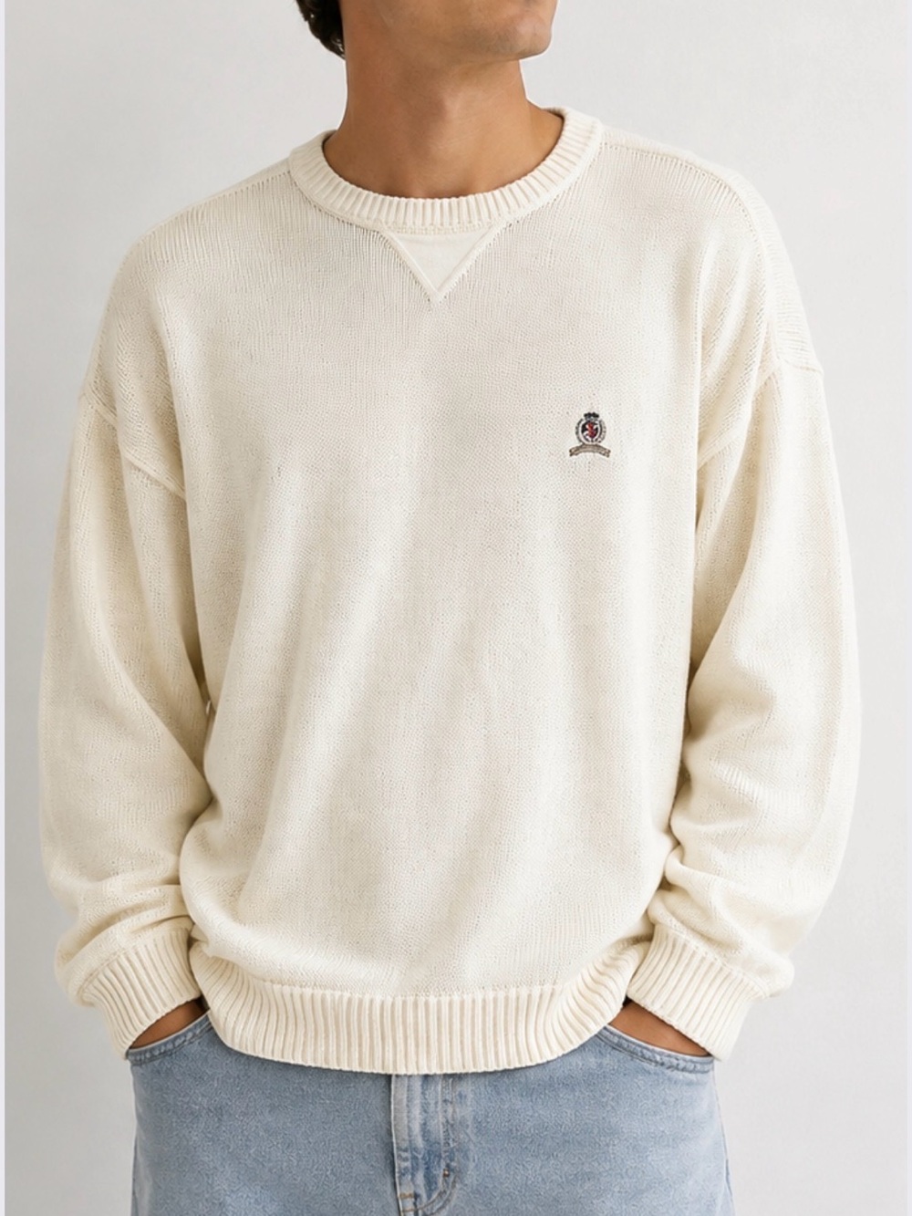 Vintage Tommy Hilfiger Ivory Men’s Large Preppy 90s Knit Crewneck Sweater - Picture 8 of 8